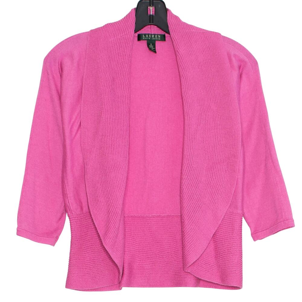 Lauren Ralph Lauren Cardigan Sweater 3/4 Sleeve Preppy Workwear Open Pink Small